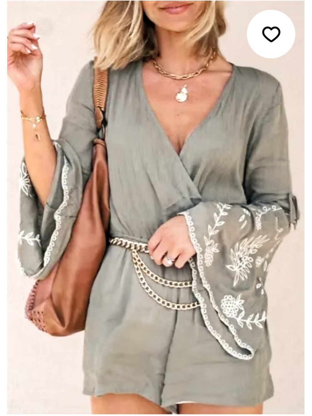 Lovestitch Sage Green Embroidered Bell Sleeve Wrap Romper Boho Festival Size M